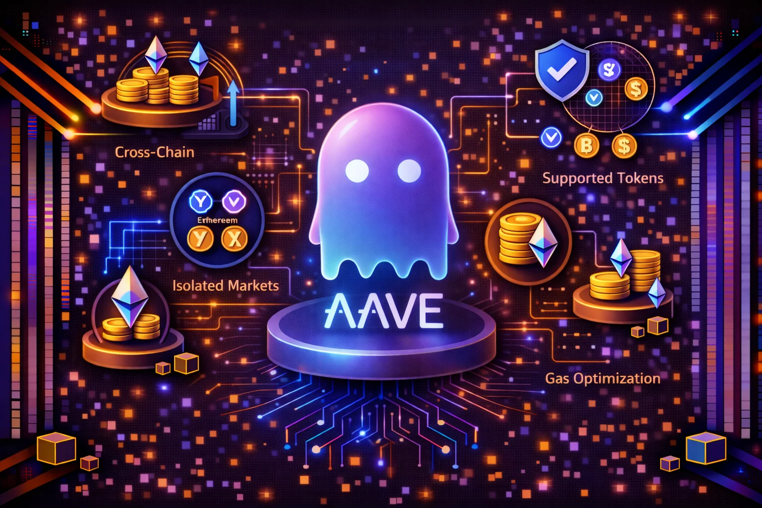 Aave V3 features infographic showing efficiency mode, isolation mode, and cross-chain capabilities