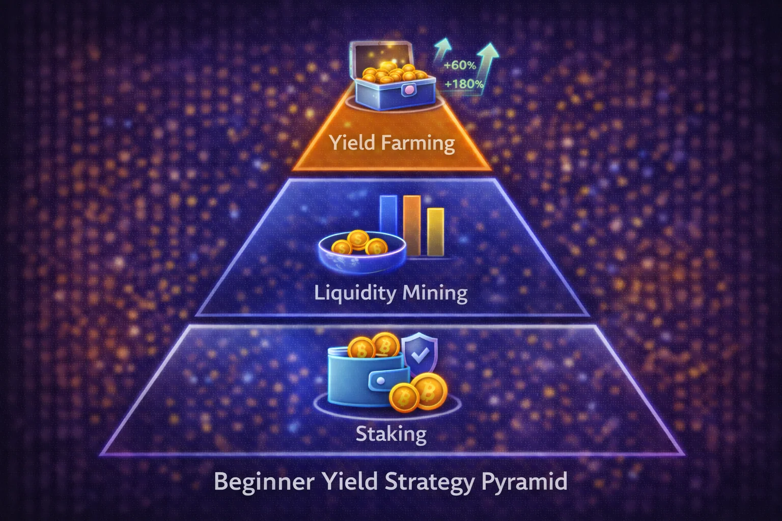 Beginner yield strategy pyramid infographic - risk levels from conservative staking to advanced DeFi protocols