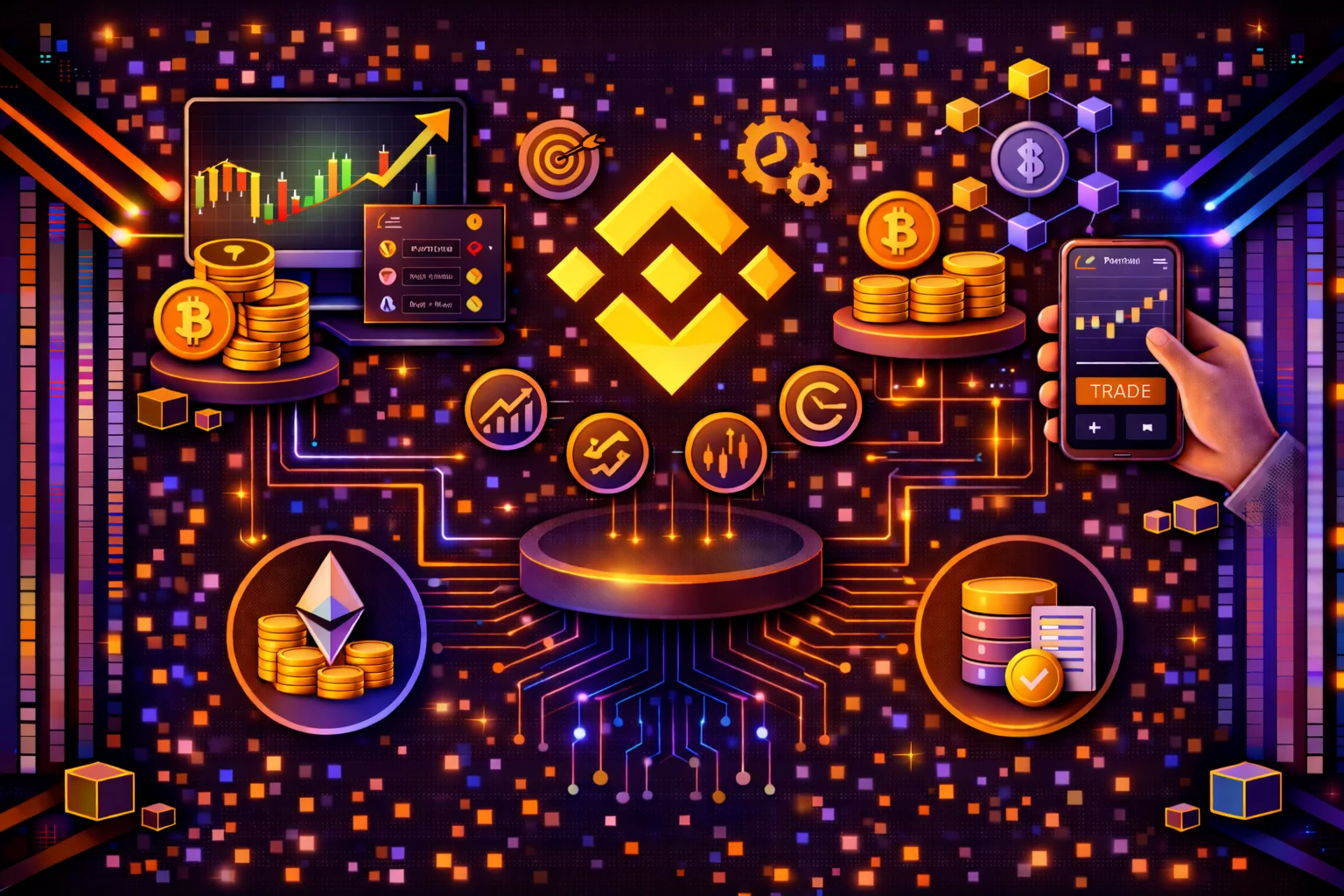 Binance trading features infographic showing spot trading, futures, options, and advanced tools