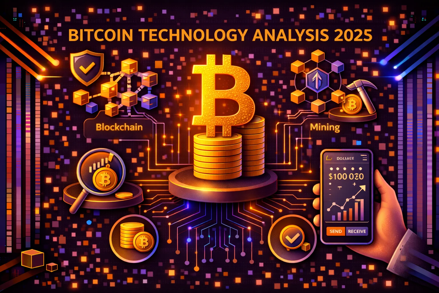 Bitcoin technology analysis infographic showing blockchain architecture, security model, and network statistics