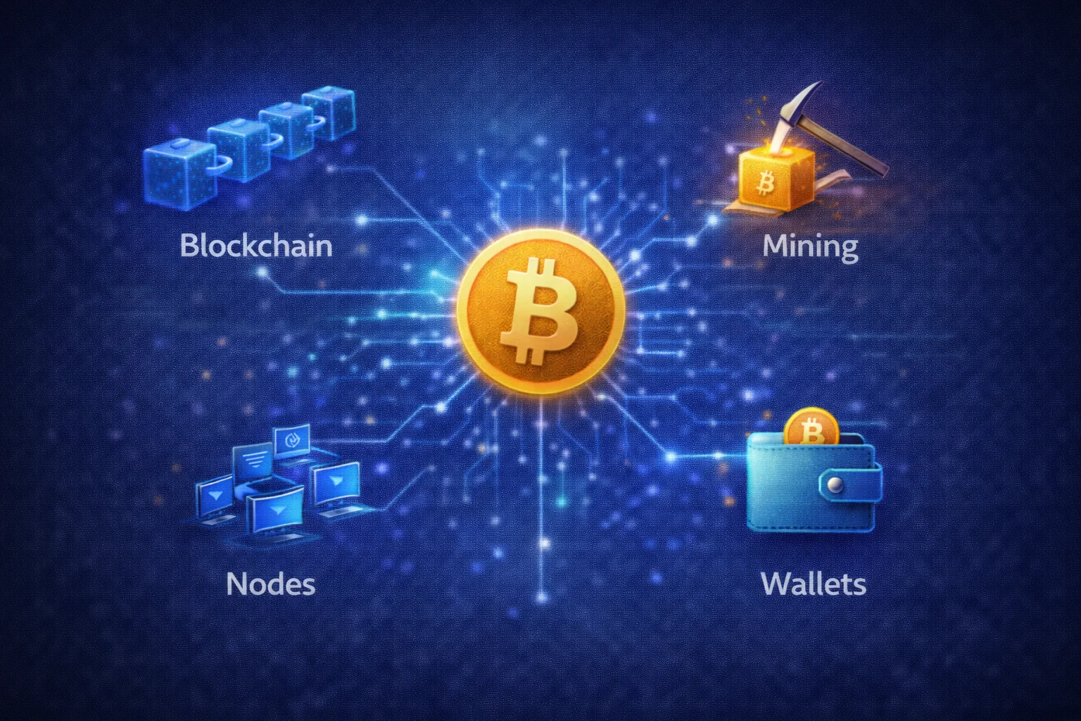 Bitcoin technology overview infographic showing blockchain, mining, and transaction process