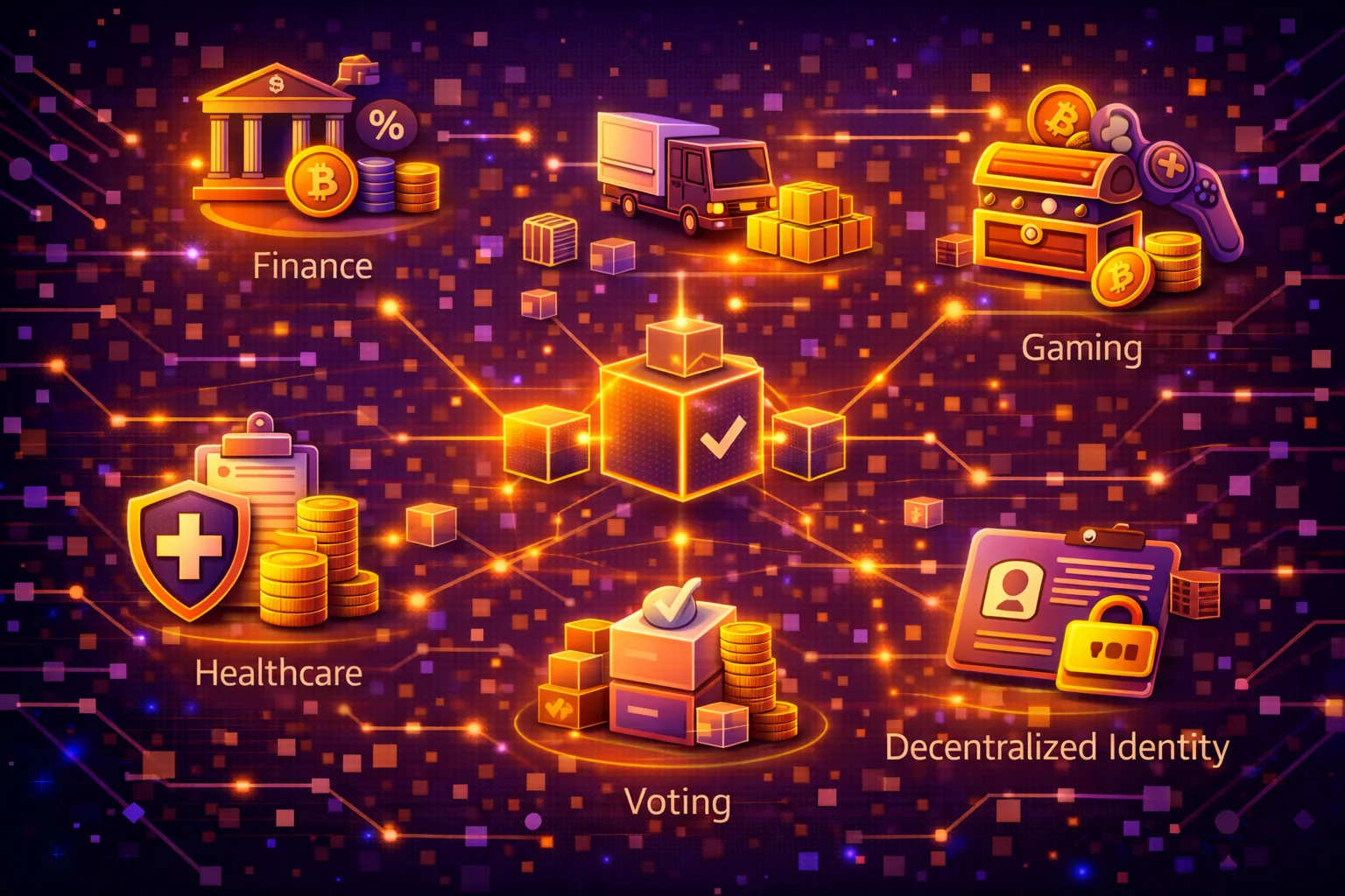 Infographic showing real-world blockchain applications across finance, supply chain, healthcare, and governance