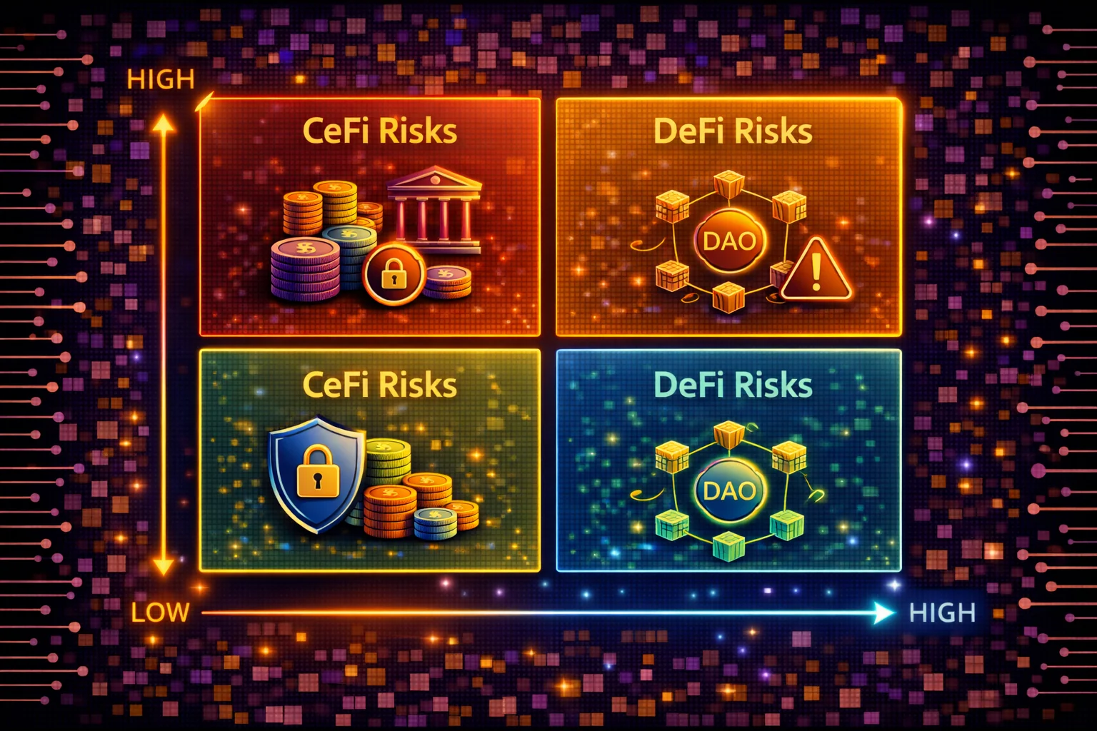 Risk analysis matrix comparing CeFi and DeFi security, regulatory, and operational risks