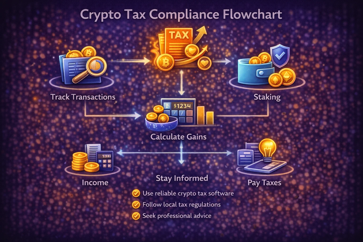 Cryptocurrency tax compliance flowchart - step-by-step guide to reporting yield farming and staking income