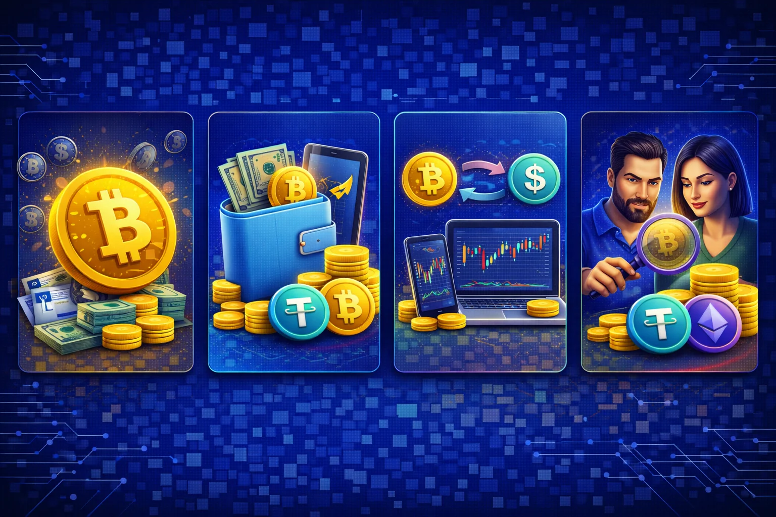 Cryptocurrency explanation infographic showing digital money, blockchain, and decentralisation concepts