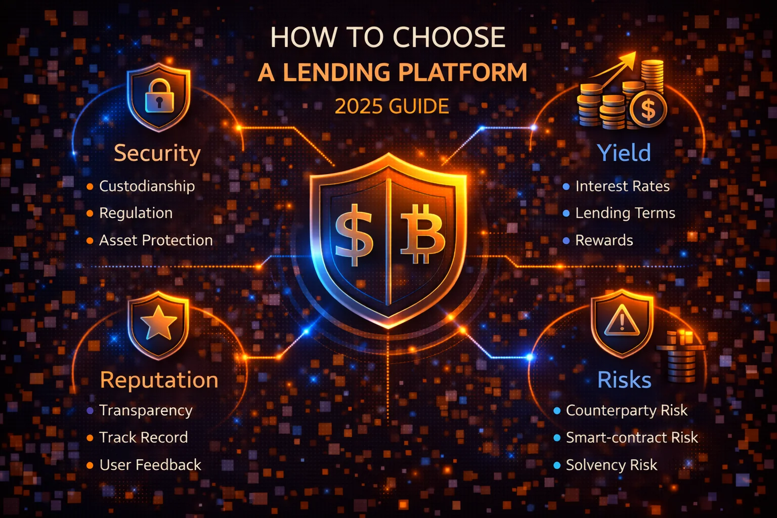 How to choose crypto lending platform guide infographic showing check criteria and security factors