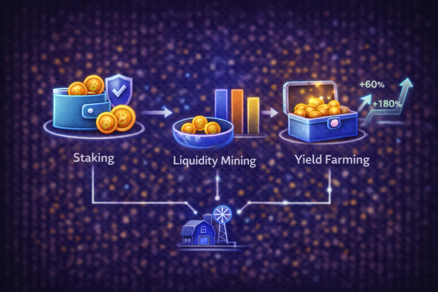 Cryptocurrency yield strategies for beginners infographic showing staking, lending, and DeFi options