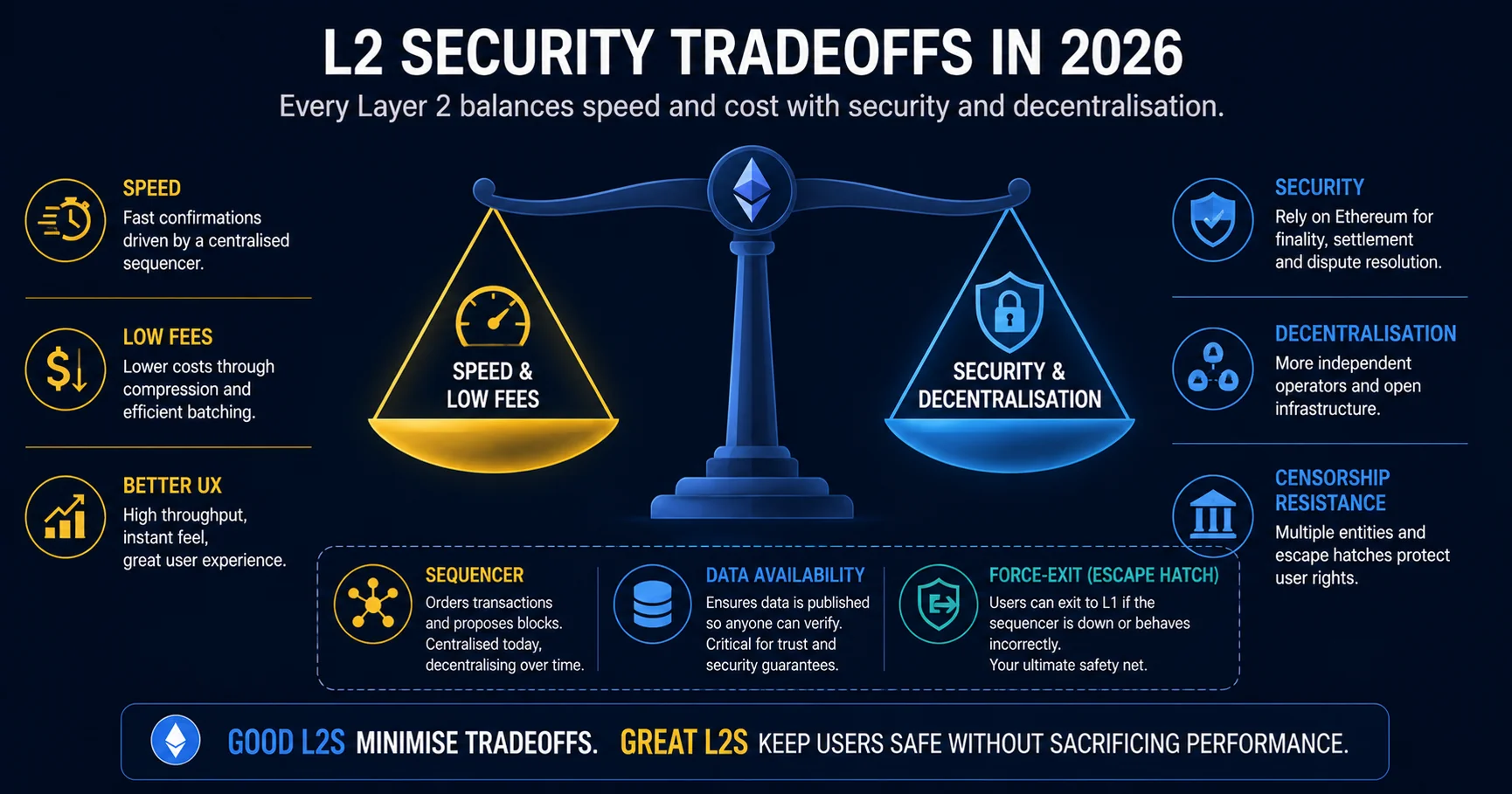 L2 security tradeoffs: L2BEAT stages, sequencer trust, data availability and force-exit across seven major Ethereum L2s