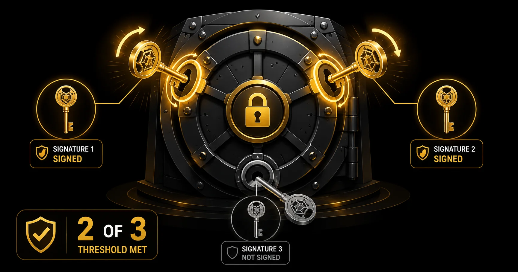 Three stylised keys in front of a vault lock — two turned, one untouched — captioned 2 of 3 Multisig Wallets