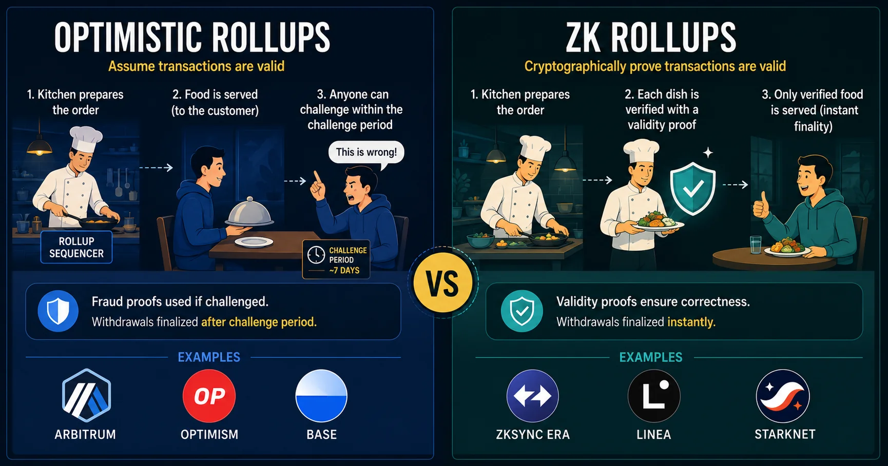 Optimistic vs ZK rollups: Arbitrum, Optimism, Base versus zkSync Era, Linea, Starknet — contrasting verification